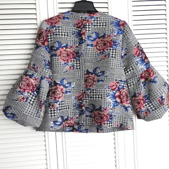Women's Alfani Blazer Jacket Houndstooth Roses Gold Metallic Bishop Sleeve S - Picture 4 of 10